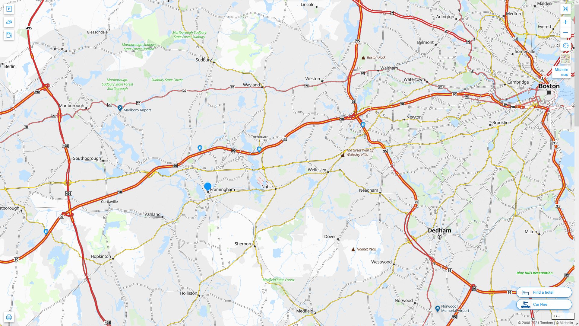 Framingham Massachusetts Highway and Road Map